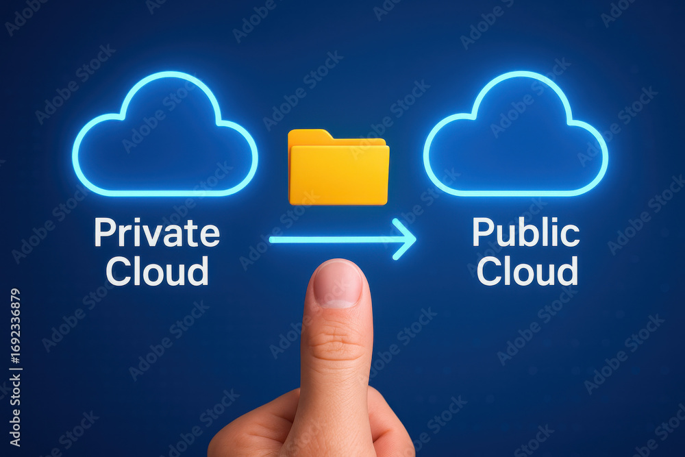 Aufkleber cloud computing concept with private and public cloud icons and folder transfer