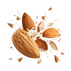 Close up of whole and broken almonds exploding in mid air isolated on transparent background