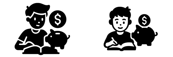 Financial literacy icon set with a boy studying and saving money in a piggy bank for his education fund or scholarship