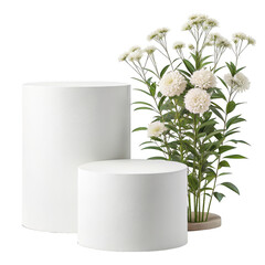 Two white textured cake stands with delicate white flowers and greenery isolated on transparent background