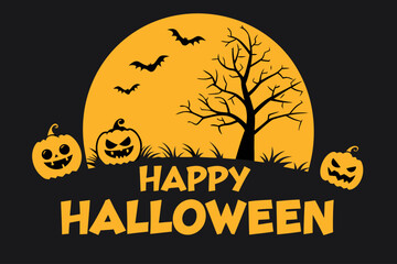 Spooky Halloween Night Vector Illustration with Pumpkins, Bats, and a Full Moon