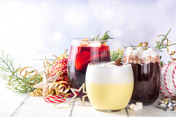 Winter hot drink cafes menu, with mulled wine, eggnog and hot chocolate