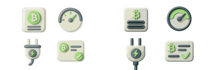 Cryptocurrency symbols including Bitcoin, an energy plug, and an efficiency meter for financial technology concepts