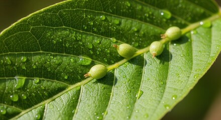 Close-up of a vibrant green leaf with small green galls and water droplets highlighting nature's