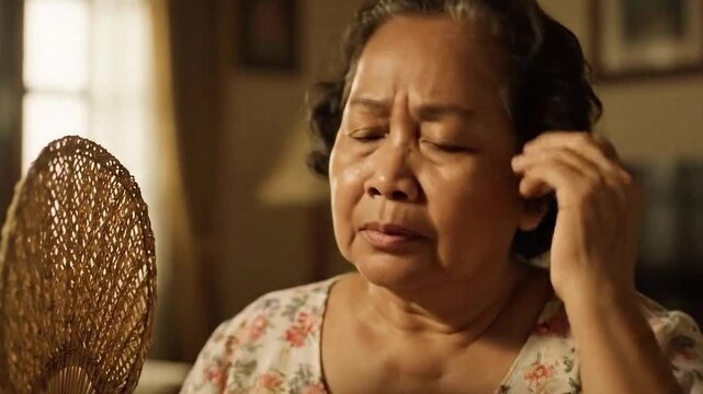 Elderly Asian woman suffering from the sweltering heat, fanning herself with a traditional hand fan indoors, seeking relief from the summer discomfort and high temperatures