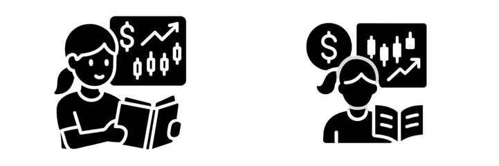 Financial literacy and investment education glyph icons showing a woman reading a book about stock market trading and analysis