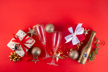 Happy New Year Holiday Party background with Champagne glass and bottle