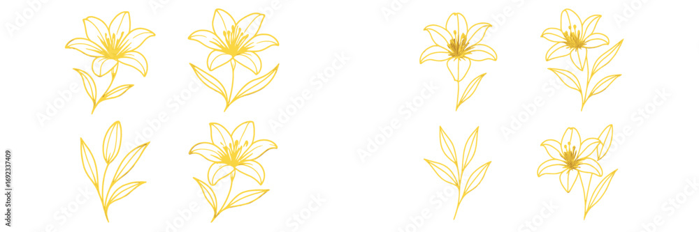 Poster gold lily flower line art set with botanical elements isolated on a white background for elegant des
