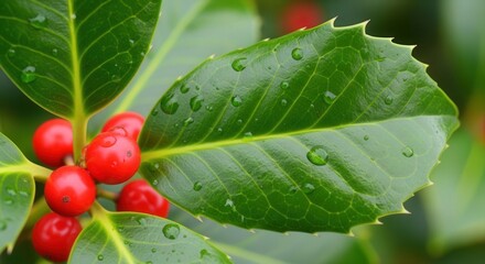 Close-up of vibrant green holly leaves with water droplets and bright red berries captures the