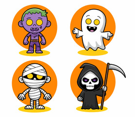 Cartoon Halloween characters zombie ghost mummy grim reaper