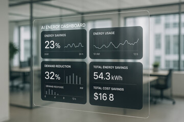 AI energy dashboard showing energy savings, usage, demand reduction, and cost savings in office