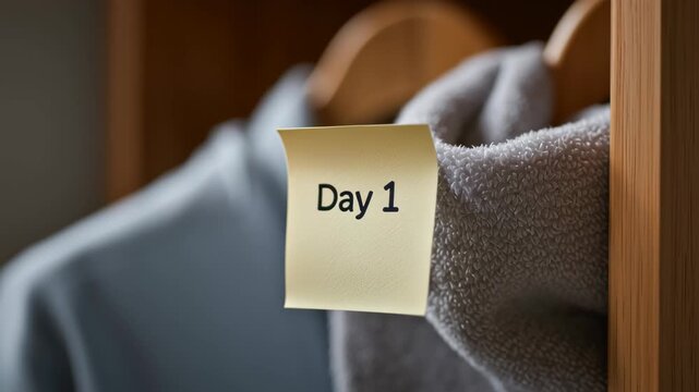Hand holding note for day one of new habit, hopeful start of personal fitness journey. beginning of daily challenge to build determined routine