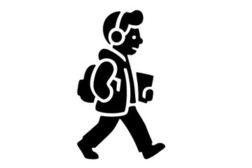 Stylized silhouette of a young person walking, wearing headphones and a backpack, holding a book or tablet