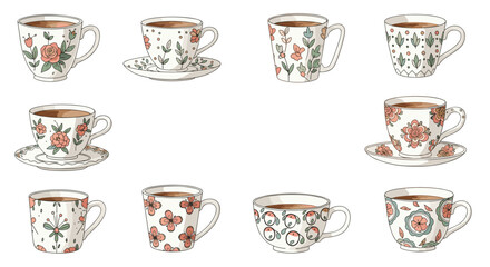 Fototapeta premium Charming floral teacups collection, perfect for cozy moments, cafe branding, or lifestyle designs