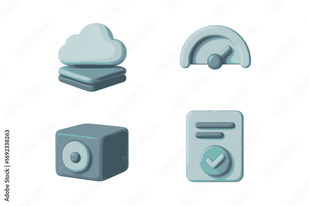 Poster set of 3d icons for user interface design including cloud storage, performance speedometer, approved