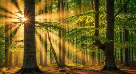 Fototapeta premium Enchanting Sunlight Filtering Through Lush Green Forest Canopy Creating a Magical Atmosphere