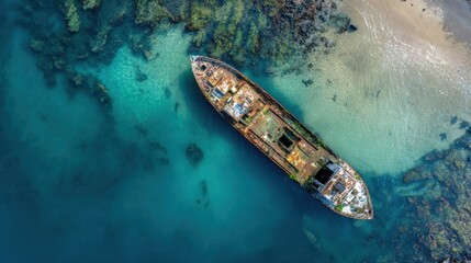 Capsized Ship. Aerial View of Abandoned Shipwreck in Rustic Condition on Beach Shore