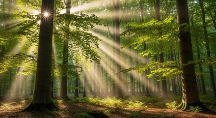 Naklejka premium Enchanting forest scenery with sunbeams filtering through trees creating a mystical atmosphere and