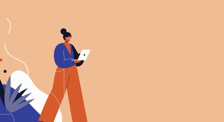 Modern woman with laptop working remotely or studying online. Represents digital lifestyle, productivity, and flexible work in a clean, minimalist design.