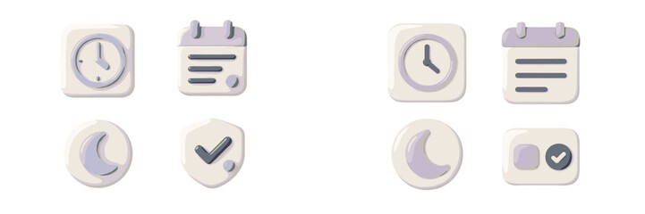 Modern 3D user interface icon collection featuring time, schedule, security, and night mode symbols in a soft pastel color palette