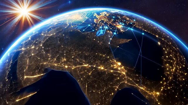 Stunning earth view from space at night showing glowing city lights with connected network lines and horizon