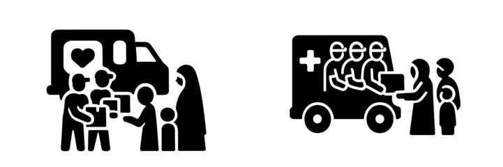 Humanitarian aid icons with volunteers giving food and medical supplies to a refugee family from a truck and ambulance