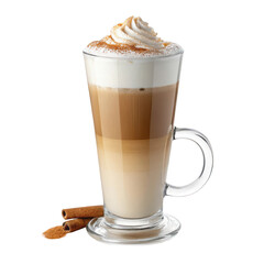 Tall glass of layered latte coffee with whipped cream and cinnamon isolated on transparent background