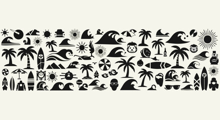 Modern summer vacation icons featuring palm trees, surfboards and waves creating a tropical island vibe