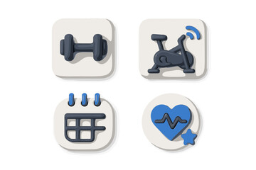Set of 3D fitness and health icons for mobile app and web design with dumbbell, exercise bike, calendar, and heart rate monitoring symbols