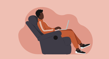 Fototapeta premium Relaxed person working or studying remotely on a laptop from a comfortable armchair at home. Represents modern lifestyle, flexible work, and online connectivity.