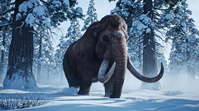 woolly mammoth walking in snowy winter forest