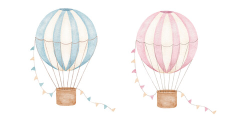 Hot air balloon with flags in blue and pink colors. Watercolor isolated illustrations for poster or card for gender party © Elena