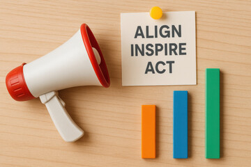 Fototapeta premium Align inspire act message with megaphone and bar chart on wooden table