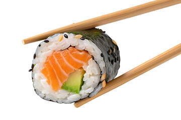 Delicious sushi roll with fresh salmon and avocado held by chopsticks, perfect for seafood lovers