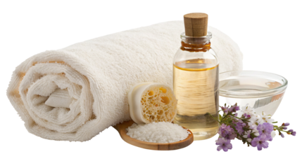 Relaxing spa essentials with towel candle and flowers for soothing relaxation wellness therapy