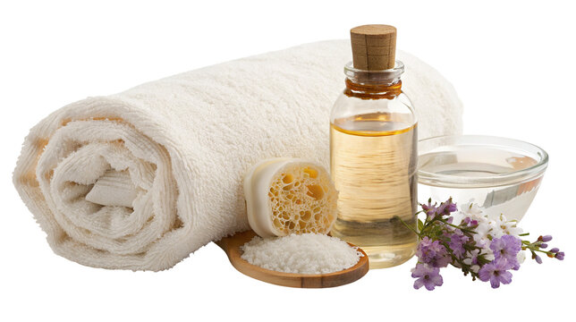 Relaxing spa essentials with towel candle and flowers for soothing relaxation wellness therapy