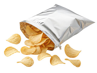 Crispy potato chips spilling from shiny silver foil bag isolated on white background for snack time