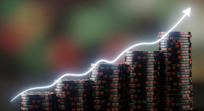 Stacks of poker chips forming rising columns with glowing upward chart line — profit growth, investment gains and financial performance visualization