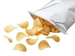 Crispy potato chips spilling out of shiny silver packaging against a white background for snacking
