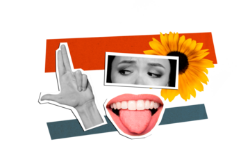 Creative collage image young woman face fragments elements mouth psychedelic concept hand gun pistol gesture eyes daisy flower blossom