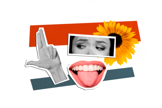 Creative collage image young woman face fragments elements mouth psychedelic concept hand gun pistol gesture eyes daisy flower blossom - Powered by Adobe