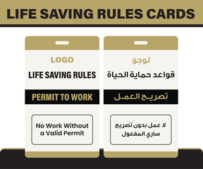Permit to Work - Life Saving Rules Safety Sign in Arabic and English Vector Template design - ID Cards for industrial use in Companies - Safety Signs and cards