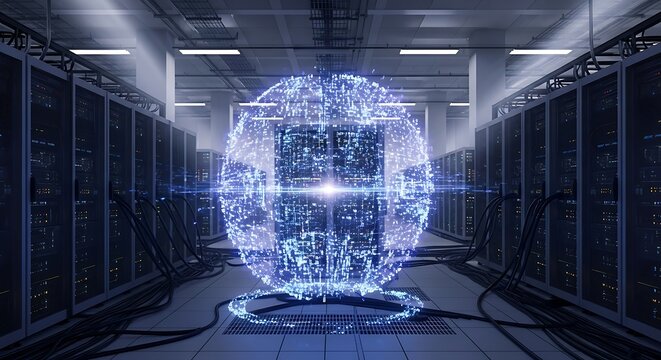 Futuristic Data Center with Holographic Globe Displaying Complex Information.