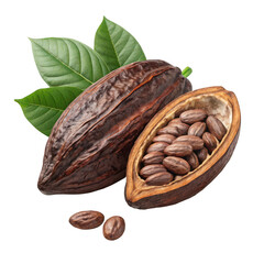 Whole and halved cacao pods with fresh beans and green leaves isolated on transparent background