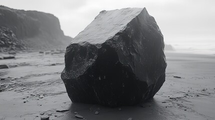 Large Black Rock on Beach with Cliff in Misty Background 