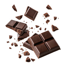 Delicious dark chocolate pieces and chunks falling and floating isolated on transparent background
