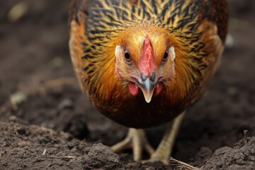 Chicken Dance. A Close-Up View of a Colorful Chicken in Natural Background