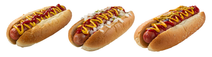 A vibrant display of three hot dogs, each adorned with distinct toppings, showcases popular summer fare perfect for outdoor cookouts and gatherings with friends and family.