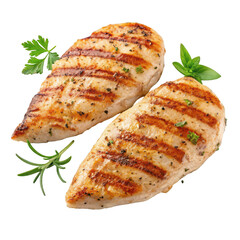 Delicious grilled chicken breasts seasoned with herbs isolated on transparent background