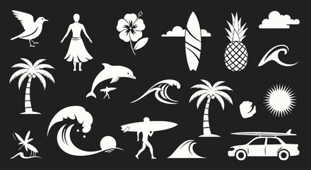 Dreamy tropical vacation icons for summer fun and surfing adventures on sunny beaches with palm trees